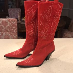 Steven Red Suede Leather Cowboy Heels Boots